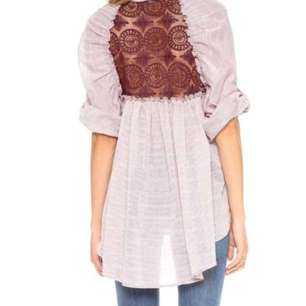Free People button Down pin-striped lace back blouse Long Sleeve Top